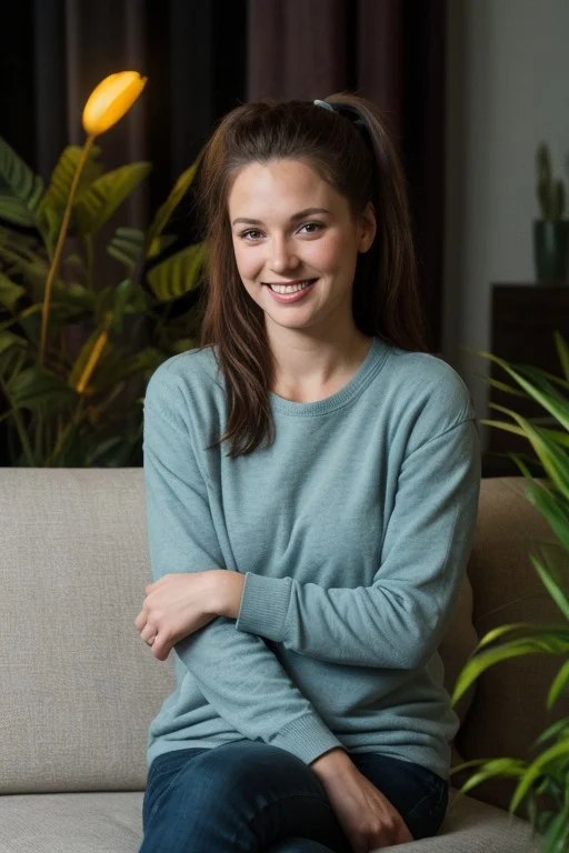 30yo American woman wearing comfy clothes of varying colors [red, black, white, yellow, green, blue, cyan].
Dark black smooth long hair ponytail. smiling.
Looking at camera.
Dynamic varying pose.
LivingRoom. White Sofa. Night time,  Furnished. Plants, decoration.
Night time, dark.