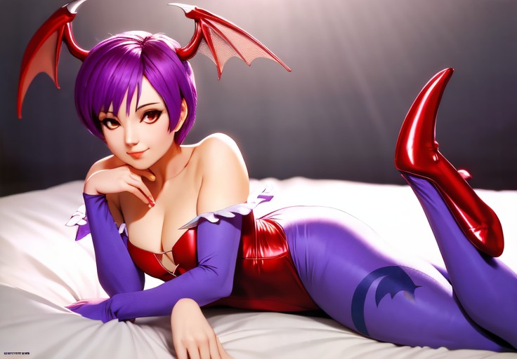 sfw, <lora:darkstalkers_lilith:0.8>, darkstalkers_lilith, seductive smile, lay on bed, (seductive, alluring, charming:1.3), seductive, (ultra-high res, high details, absurdres:1.3)