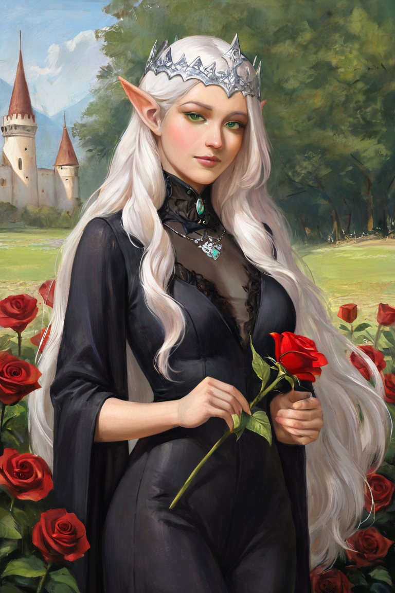 masterpiece, best quality, highres, newest, traditional media, realistic, 1girl, solo, mature female, elf, pointy ears, breasts, long hair, very long hair, white hair, green eyes, portrait, looking at viewer, medium breasts, high collar, long dress, black dress, crown, silver crown, holding, holding flower, rose, red rose, necklace, jewelry, closed mouth, cowboy shot, standing, outdoors, castle <lora:Gothic Painting [LoRA] - NoobAI-XL EPS 1.0:1>