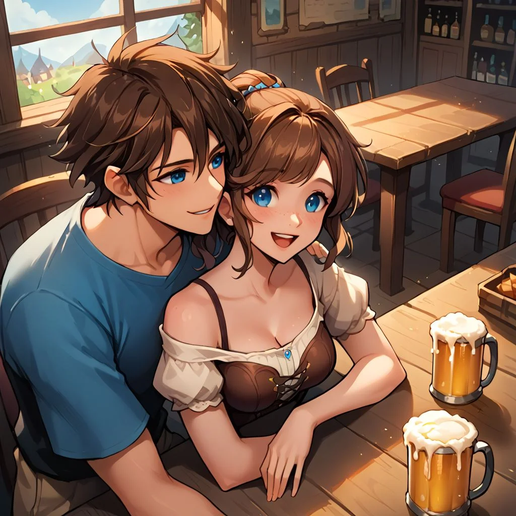 score_9, score_8_up, score_8_up, 1girl, sexy 20yo white caucasian girl, happy, smiling, friendly, girl standing, (((fantasy adventurer))),  (brown hair), ponytail, bangs, sidelocks, short hair, freckles, blue eyes(medium breasts;1.3)  narrow source comic book, pastel colors, high res image, masterpiece, fantasy town, sitting in a pub, listening intently, flirting, elbows on table, pushing hair out of face, 1man, sitting together, couple, man face out of frame, from above angle, beer on table, man arm wrapped around woman, embrace, cozy