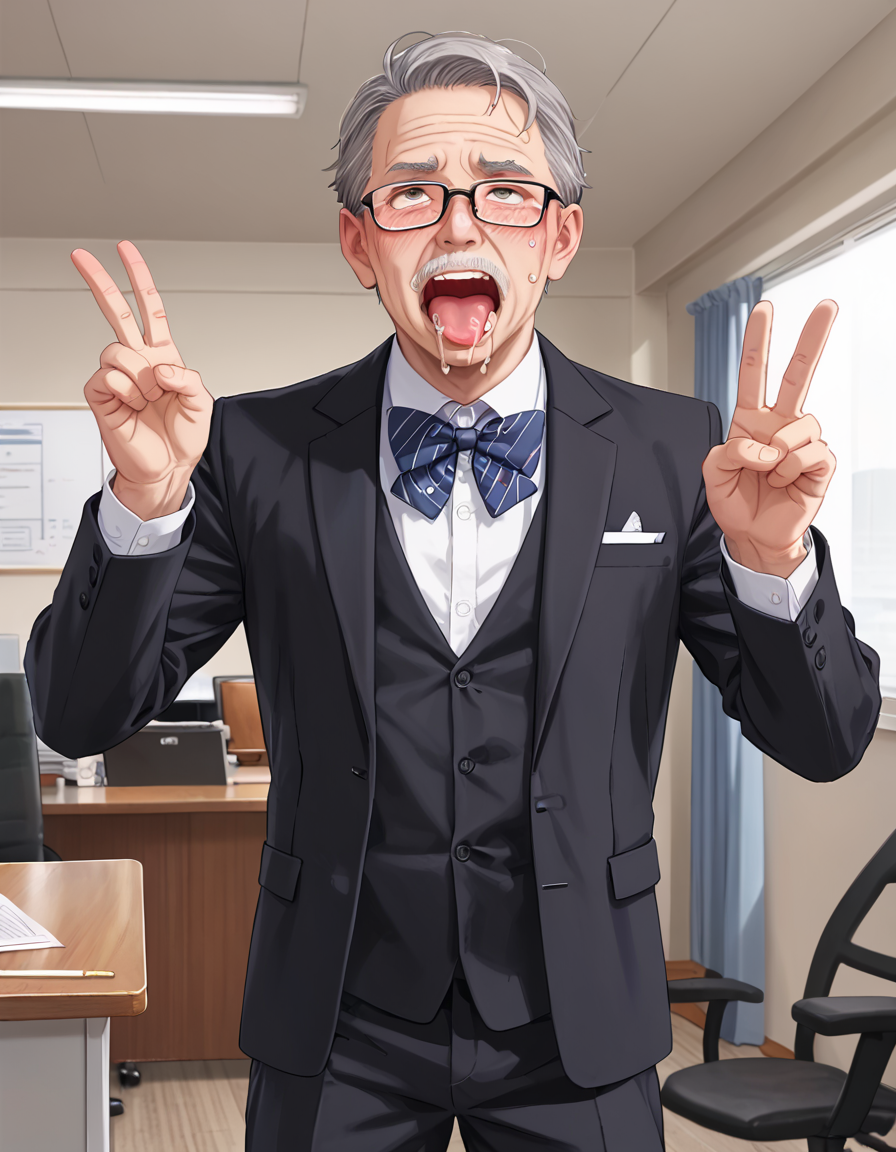 man, male, solo, old man, gray hair, glasses, serious businessman, suit, indoors, office, V, bowtie, ahegao, open mouth, tounge out, drooling, tears, blushing