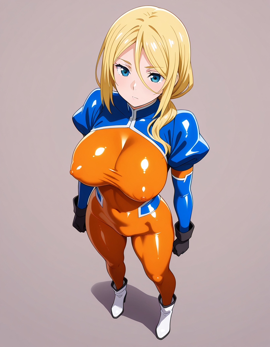 masterpiece,best quality,amazing quality,very aesthetic,high resolution,ultra detailed,perfect details,
simple background,gray simple background,
<lora:mai_tk_rosalia:1>,mai_tk,mai_tk_rosalia,1girl,solo,blue_eyes,large_breasts,blonde_hair,long_hair,low_ponytail,bodysuit,skin_tight,orange_bodysuit,spandex,gloves,ankle Boots,white footwear,
standing,full body,