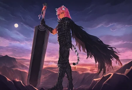 masterpiece, very aesthetic, anime screenshot, 1girl, Pink_PonyXL, DragonSlayerSword-Il.V1.0, black armor, shoulder armor, gauntlets, greaves, bandaged arm, black cape, torn cape, bright pink hair, cat ears, scar on nose, cat bell around neck, tanned, white tiger tail, small breasts, femine body, smiling, standing, looking at viewer, side view, wielding-dragonslayer, huge weapon, sword, holding sword, holding weapon, full body, zoomed in on pink_ponyxl
Break
City of hyrule on fire, at night