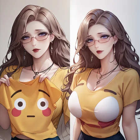 score_9, score_8_up, score_7_up, yellow shirt, blush, t-shirt, large breasts, 1girl, multiple views, holding, <lora:FlushedEmojiShirt_pdxl_Incrs_v1:1>, <lora:champtn-pdxl-beta2:1> champtn, mature female, blue eyes, purple eyes, brown hair, long hair, red lips, glasses, semi-rimless eyewear, round glasses, makeup, earrings, necklace,
