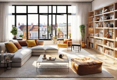 ((front view)), ((animation style)), modern-style interior, with white walls, (large windows), Nordic-style furniture, a  study, Sofa, coffee table, bookcase, single wall, 
warm light morning sun, (the view of the city)