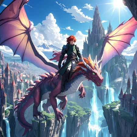 <lora:ArsMJStyle_-_AnimeA:1> ArsMJStyle, AnimeA, "Dragon rider soaring over a crystalline city, Western animation influence, anime aesthetics. Rider: young hero with wind-swept red hair, leather flight gear. Dragon: iridescent scales, gossamer wings. City below: towering spires of quartz and opal, waterfalls of light. Technique: detailed linework, volumetric clouds, lens flares. Time of day: golden hour, long shadows, warm color grading."