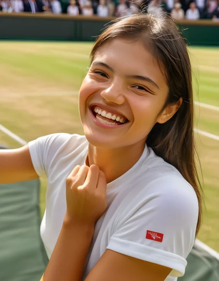 emmaraducanu, In a vibrant summer afternoon at the Wimbledon Tennis Courts, Emma Raducanu, with her radiant smile showcasing perfect teeth and a contagious sense of joy, wears a crisp white shirt, her brown hair casually falling over her shoulders. Her eyes sparkle as they meet yours from the center of the court, framed by the iconic green grass backdrop and the towering stands filled with cheering spectators, creating an inspiring and uplifting tableau. The camera captures this moment from a slightly elevated angle, emphasizing her poise and determination, while the soft, warm sunlight filters through the stands, casting a gentle golden glow on her face.