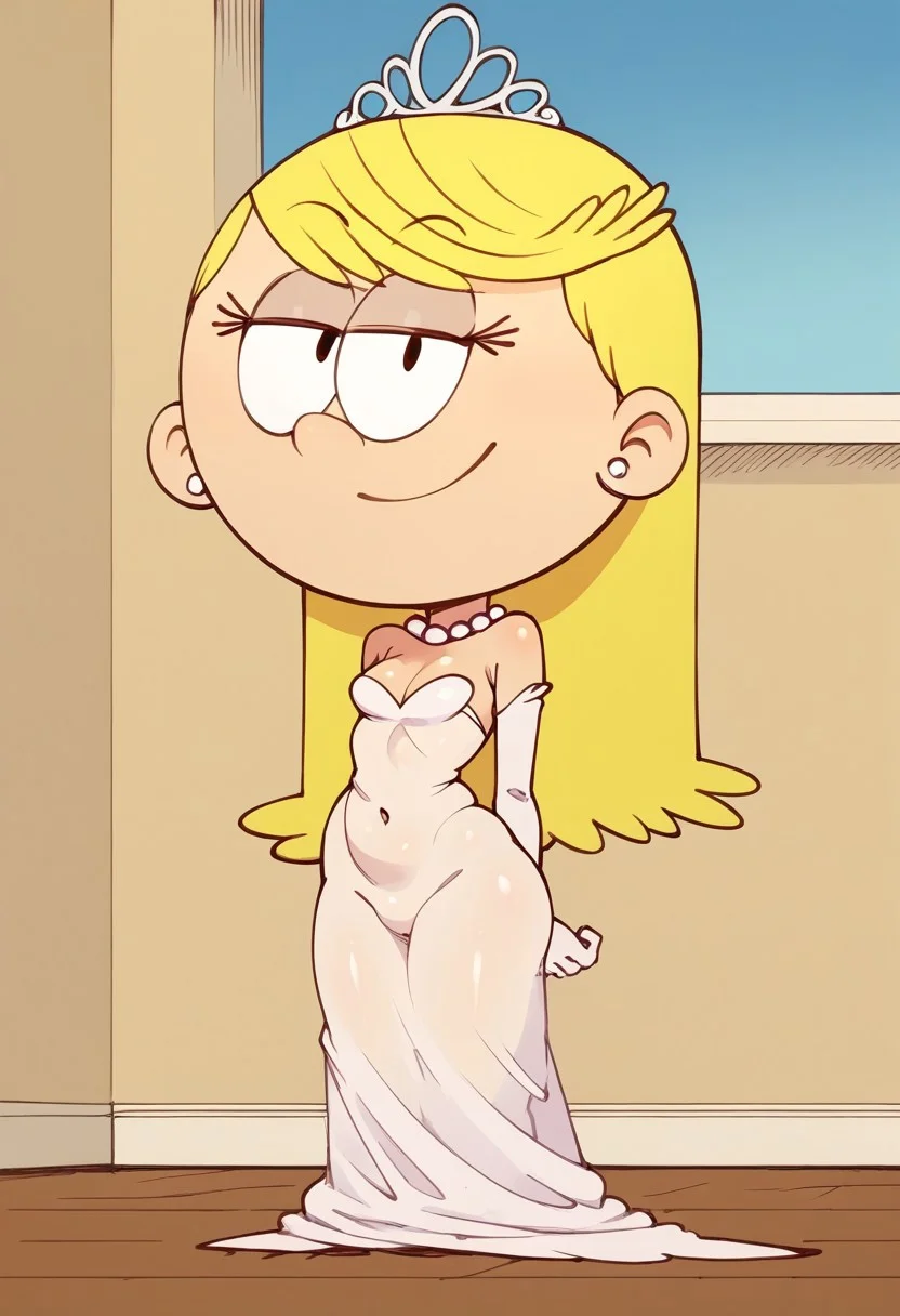 Score_9_up, score_8_up, score_7_up, (detailed face and eyes:1), Expressiveh, source_cartoon, the loud house style, dop style, looking at viewer, 1girl, small body, Short stature, thick thighs, narrow waist, perfect small flat chest natural breasts, smile, open eyes, perfect eyes, standing, Full body,
BREAK: in a house, blue sky, Sunny, furniture,
BREAK: 1 girl, solo, Lola Loud, blonde hair, long hair, Hot Wedding dress, Wedding veil, white gloves, long gloves, Tiara, white high heels,