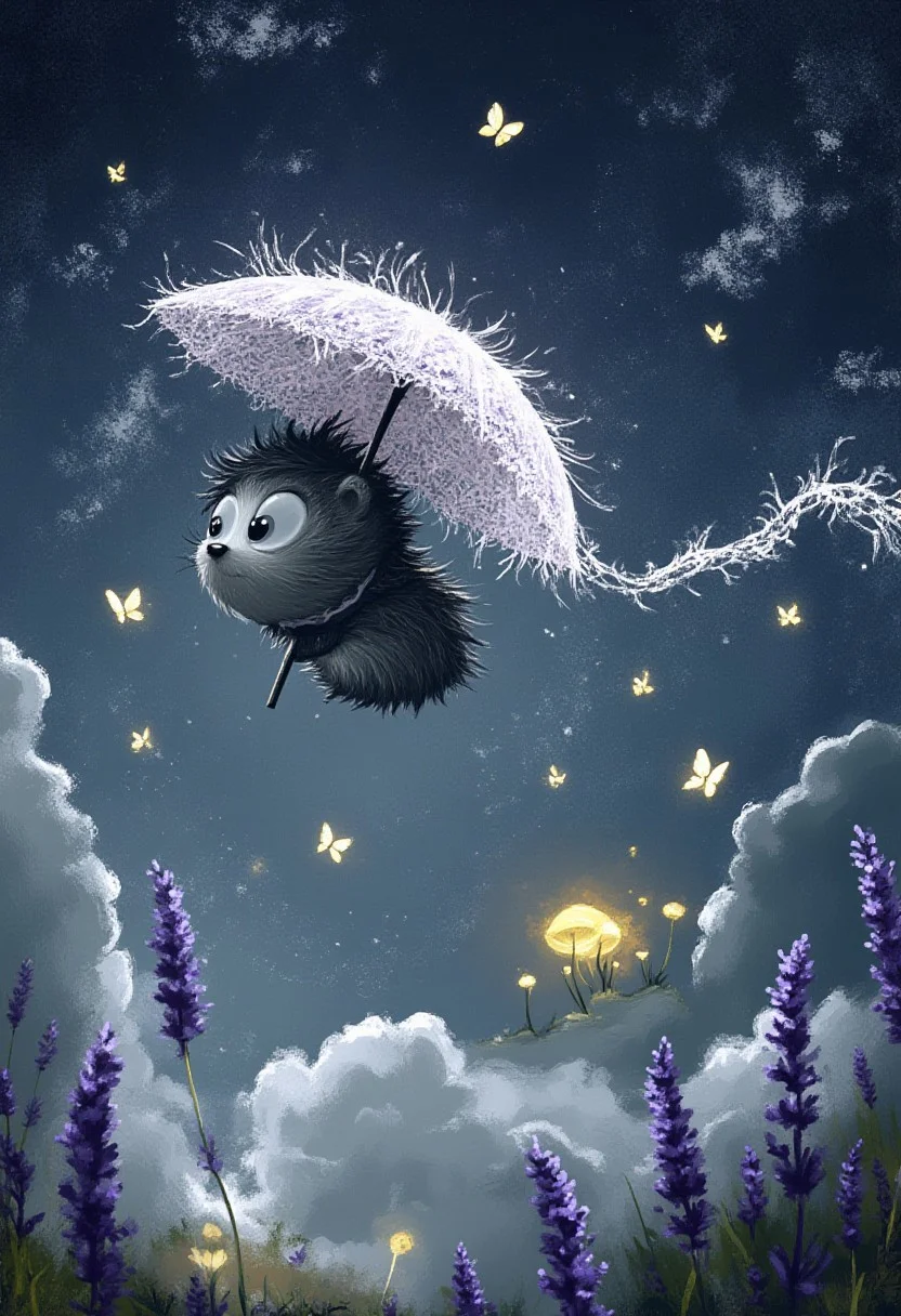 A whimsical illustration of a tiny hedgehog with wind-swept crystalline quills in dark whimsical art style, soaring through the night sky while holding an oversized Victorian umbrella made of cobwebs and moonbeams, their spikes creating a trail of sparkles in the air like falling stars, digital painting with ethereal brushstrokes showing the umbrella's delicate patterns casting lace-like shadows on passing clouds, surrounded by floating purple lavender petals and glowing butterflies that follow their flight path, characteristic Tim Burton inspired design with enormous dreamy eyes that reflect the constellations they're flying through, wearing a little ruffled scarf that flows dramatically in the wind, body curled up adorably on the umbrella handle like a sleepy acrobat, starlit sky background with swirling mists and distant floating islands made of giant mushrooms, the umbrella glows softly with trapped fireflies that help guide their whimsical journey