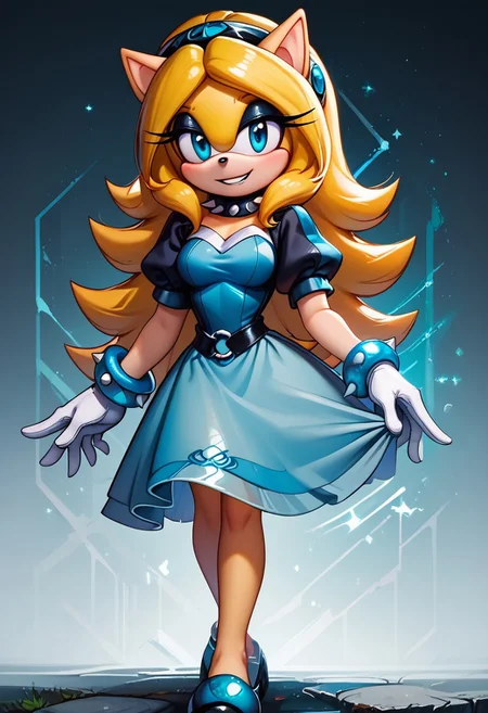 score_9, score_8_up, score_7_up, score_6_up, g0thicPXL, 1girl, 1girl, solo, goth girl, maria_robotnik, sonic_(series), hedgehog_girl, eyeliner, eyeshadow, blue eyes, long blond hair, hairband, black lips, seductive smile, pretty face, spiked collar, white_gloves, blue dress, puffy sleeves, medium skirt, shoes, blue foot wear, sexy pose, smile, grin, cute, sexy pose, lewd expression, wide hips, medium breasts, standing, biting one of her nails.