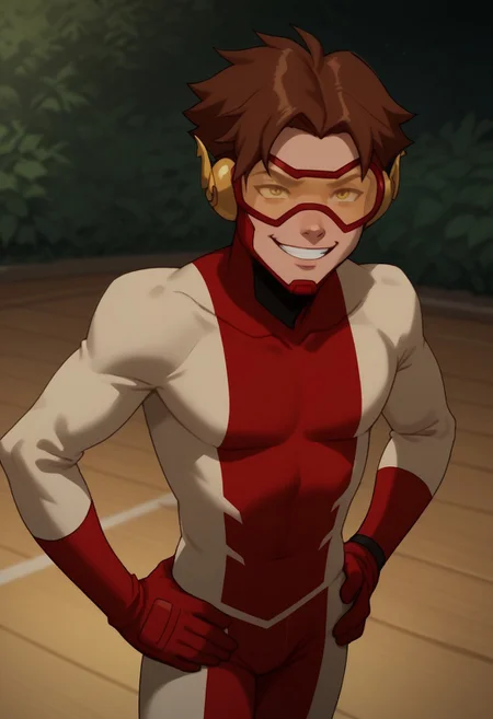 score_9, score_8_up, score_7_up, highly detailed, cute boy, 1boy, solo, Impulseyj, red framed goggles yellow lenz, red and white bodysuit, brown hair, smug smile, hands on hips, running motion,