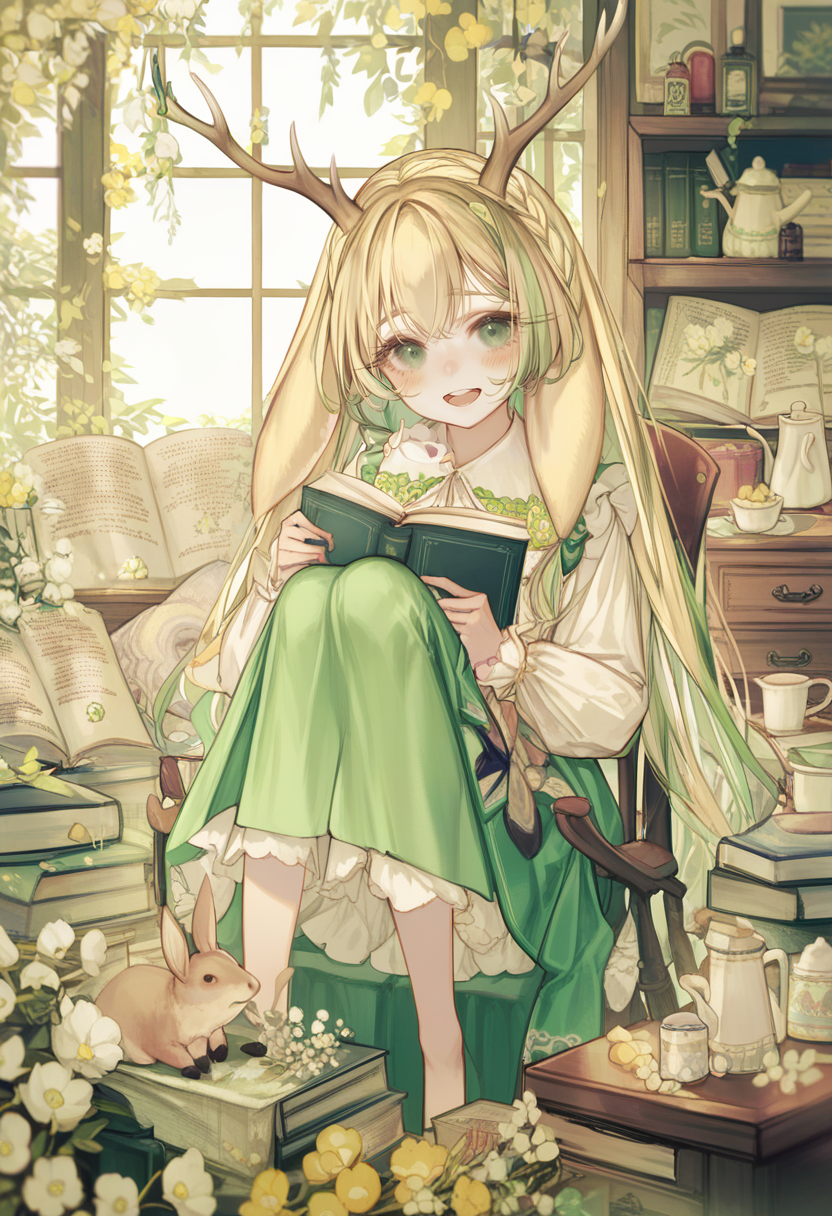 score_9, score_8_up, score_7_up, score_6_up, <lora:yoggiXL_P6_lokr_V43P1:0.95>   1girl, green eyes, book, animal ears, long hair, flower, solo, sitting, looking at viewer, smile, antlers, horns, open mouth, cup, blonde hair, holding, string of flags, white shirt, window, shirt, multicolored hair, chair, food, frills, knees up, deer ears, long sleeves, head tilt, very long hair, plant, :d, rabbit, green skirt, skirt, open book, book stack, dress, yellow flower, rabbit ears, indoors, deer antlers, table, tree, pennant, jar, white flower, braid, blush, green hair, stuffed toy, teapot, green dress, upper teeth only