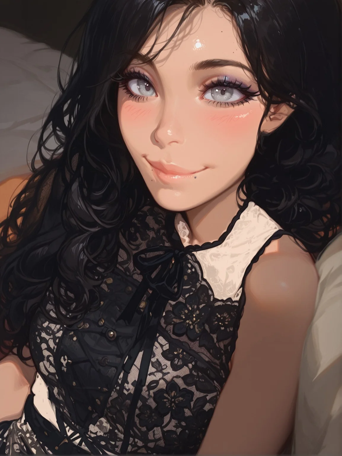 masterpiece, absurdres, high detail, high quality,1girl,george's gf,grey eyes,oval shape face,light smile,blush,eyelashes,eyeliner,natural make up,gloss on lips,petite body,black hair,upper body focus,(sketch:1.3),