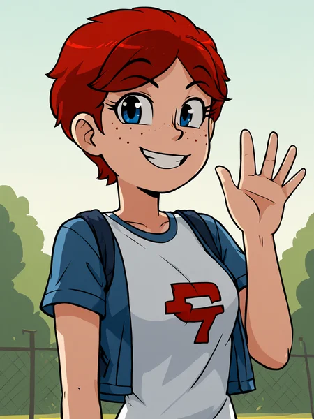 score_9, score_8_up, score_7_up, score_6_up, BREAK, N1ch0le, 1girl, solo, short hair, blue eyes, red hair, freckles, smile, upper body, raise left arm, day, outdoor, waving, looking at viewer, Volumetric Lighting <lora:Nichole-000010:1>
