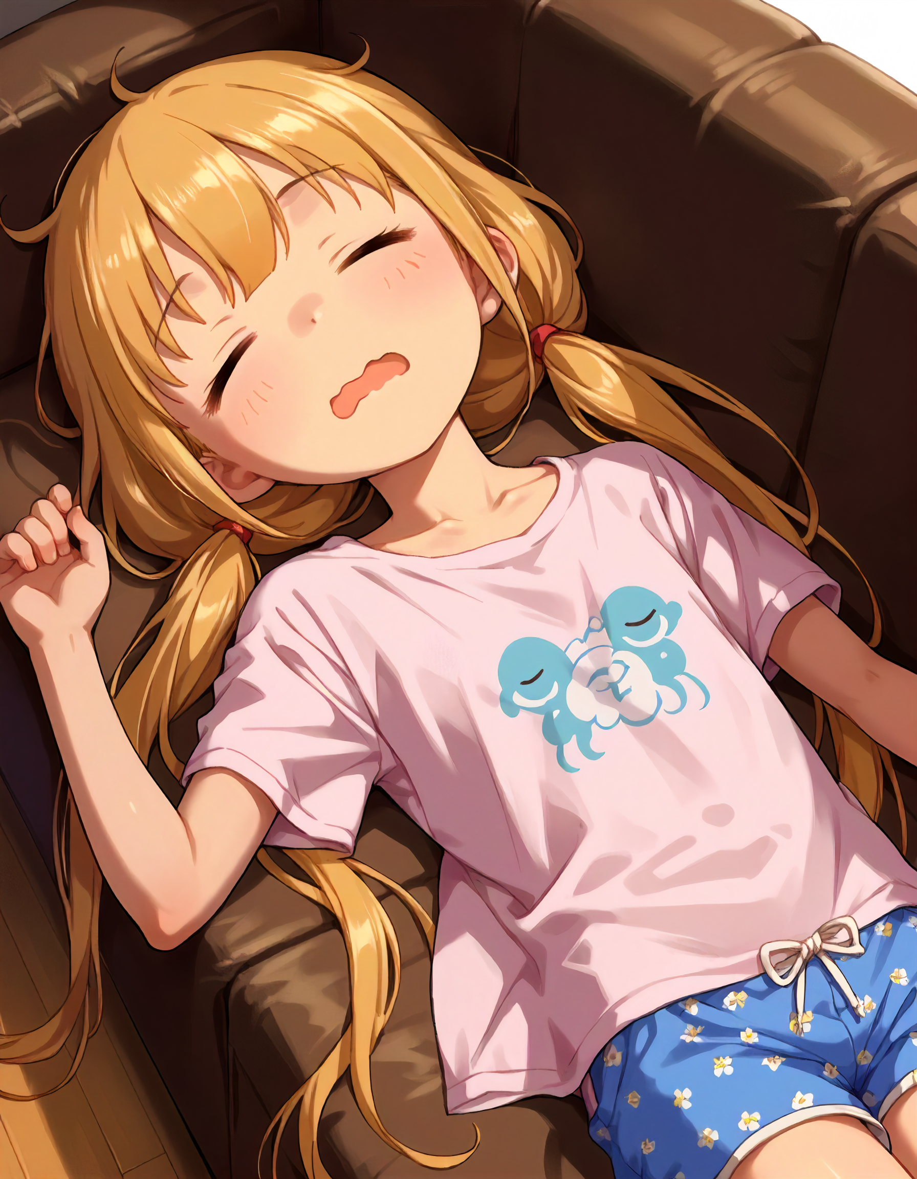 score_9,score_8_up,score_7_up,1girl,solo,lying,from above,sleeping,wavy mouth,open mouth,couch,
<lora:futabaanzu_ponyXLV6:0.8>,cgfa,
blonde hair,low twintails,closed eyes,flat chest,
T-shirt,shorts