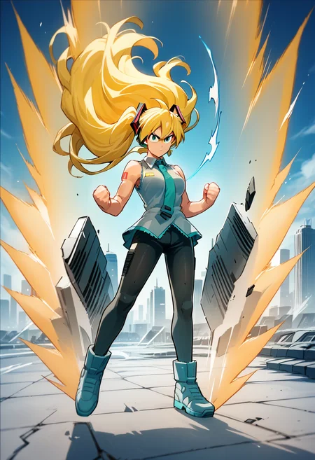 <lora:superSaiyanAura_PDXL_Mlaofmd-10:1.0>, score_9, score_8_up, score_7_up, score_6_up, source_anime, 1girl, hatsune miku, yellow hair, very long hair, floating hair, solo, green eyes, clenched hands, supersaiyanaura, power, aura, sharp aura, yellow aura, fight stance, floating, looking at viewer, serious face, city, apocalypse, city background, night,