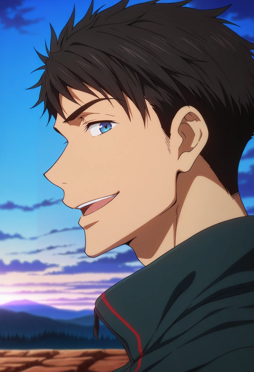 masterpiece, best quality, intricate details, anime screencap, , official style, looking at viewer, 1boy, solo, male focus, <lora:sousuke_yamazaki_ilxl:0.9>, sousuke_yamazaki, black hair, blue eyes, short hair, profile, ayers rock, dawn, spread legs, :D,