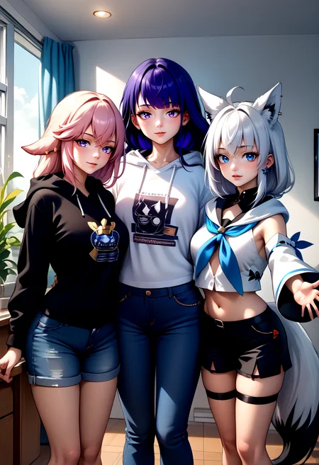 score_9, score_8_up,score_7_up, source_anime, indoors, standing, cowboy shot, 3girls, seductive smile, looking at viewer, 
BREAK yae miko, black hoodie, hoodie, jeans,
BREAK raiden shogun, white hoodie, hoodie, jeans,
BREAK reaching towards viewer, <lora:fubukiXL:1>, fubukibase, white blouse, detached sleeves, black shorts, blue neckerchief, thigh strap, single thighhigh, white hair, single side braid, ahoge, piercing, fox tail, pentagram,