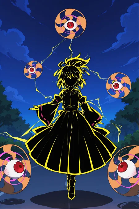 absurdres, highres, masterpiece, best quality, amazing quality, official anime artwork, screencap, anime screencap, outdoors,
<lora:YuugenMagan_Illustrious:1>  yuugenmagan, 1girl, solo, electricity, eyeball, outline, shadow, detached sleeves,