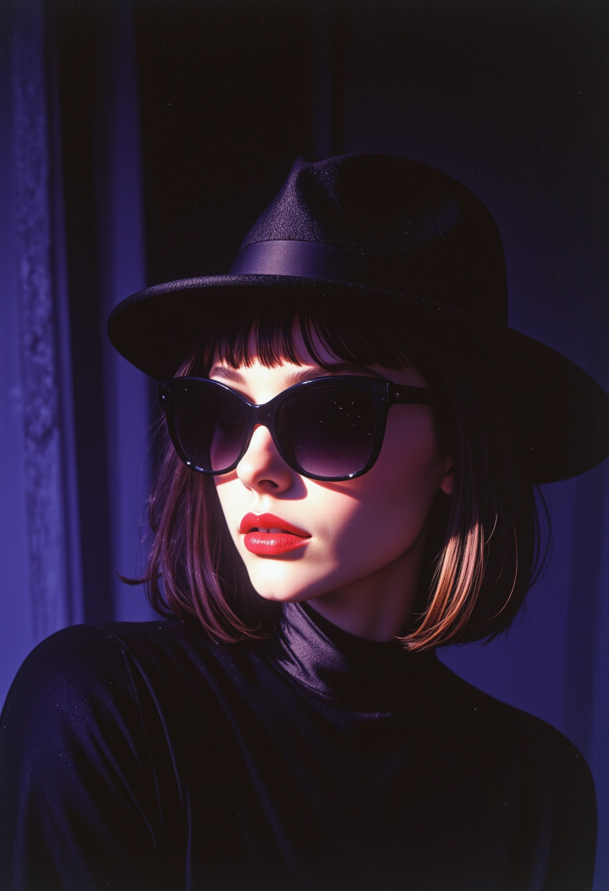 The fiery and delightful style of vtgbrst.  A vintage analog photo of Dreamy Nostalgia aesthetics, dreamscape, a deafening close-up portrait in the style of Conrad Roset, purple, highly detailed, surreal, ethereal. A mysterious and voluptuous femme fatale hiding in the shadows, wearing black sunglasses, a wide hat, and a black  crop top. Her face is obscured by darkness. Dappled light streaks across her face, revealing her visage hidden in the deep shadows., combining nostalgic and wistful feelings with pastel colors and vintage-inspired elements. This style evokes a sense of longing and sentimental beauty.. The photo, taken in the 1960s or 1950s, has the tell-tale signs of use, with rips and tears, dirt, grain, discoloration, creases, and water stains. <lora:Vtgbrst Study_epoch_4:1><lora:gjbvc:0.65>