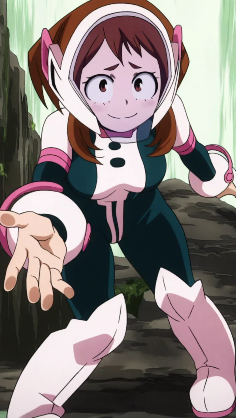 source_anime, masterpiece, best quality, amazing quality, anime screencap, high quality, 8k, absurdres, official style, 1girl, solo, looking at viewer, smile, standing, reaching forward, <lora:Ochako_Uraraka_iL:1>, 0ch4k0 ur4r4k4, brown eyes, brown hair, sidelocks, short hair, hero outfit, pink and green bodysuit, breasts, medium breasts, pink knee boots, glass mask,