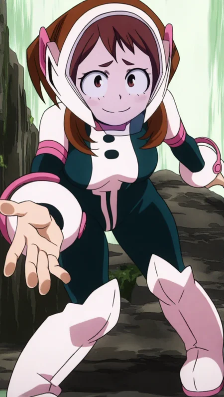 source_anime, masterpiece, best quality, amazing quality, anime screencap, high quality, 8k, absurdres, official style, 1girl, solo, looking at viewer, smile, standing, reaching forward, <lora:Ochako_Uraraka_iL:1>, 0ch4k0 ur4r4k4, brown eyes, brown hair, sidelocks, short hair, hero outfit, pink and green bodysuit, breasts, medium breasts, pink knee boots, glass mask,