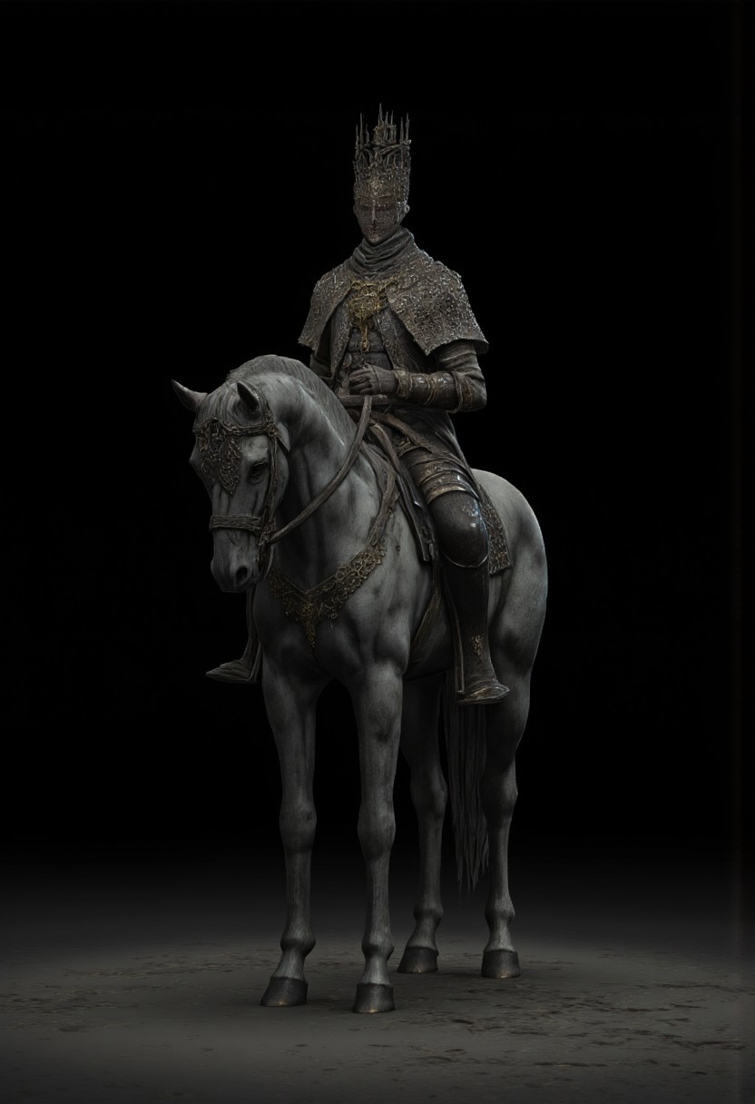 non human Obscure medieval military armored horse without a rider
Standing on a flat ground
Set against a solid dark black color background to emphasize its unsettling unnatural form that emphasizes its silhouette. The medium is not a traditional painting or illustrative medium like watercolor or ink but rather a digital 3D rendering.
MikeFranchinastyle, bbstyle,, horror theme,, ZBClay model of a gray sculpture, zbrush, d4arks0uls, overcast lighting