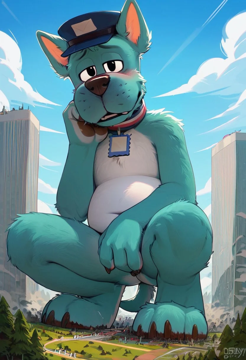 score_9, score_8_up, score_7_up, score_6_up, solo focus, 1male, larger body, (Gerald, Go Dog Go), blue post hat, (teal fur, white belly)), blue and white and red stripped collar, postal stamp shaped tag, hat with postal stamp, tail, ((anthro, anthro dog, dog body)), (black eyes), Perfect paws, 1male, (source_furry), full body, solo, anthro, detailed fur, slightly chubby, detailed eyes, massive butt, low angle view, ((macro)), ((giantess)), outdoors, ((sunshine)), ((sunny day)), ((bright light)), in the city, (shrunken city :1.3), (shrunken cityscape:1.2), micro cityscape, full detailed city, destruction, mass destruction, full body, perfect face, focus on furry, shy face, blushing, (sexy perfect face), looking at viewer, sexy, highly detailed, Expressiveh, perfect eyes, barefeet, big feet, landscape, bare knees, masturbation, orgasm face, blue sky, daytime