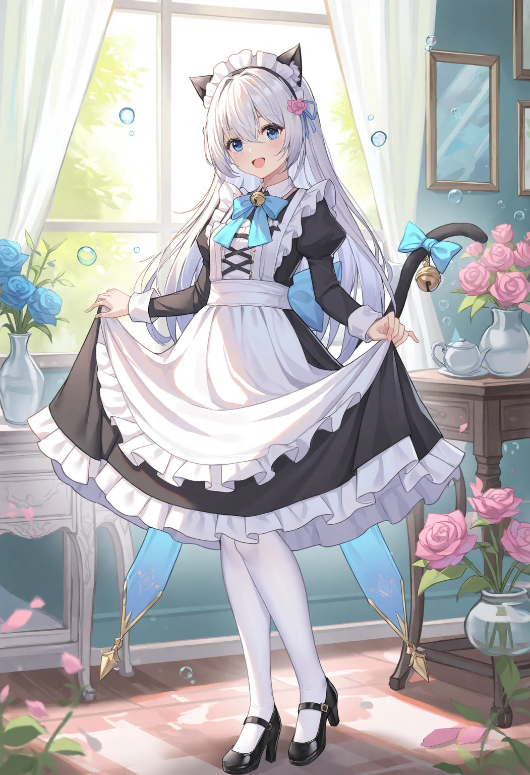 1girl, maid, animal ears, solo, cat ears, maid headdress, flower, black footwear, bell, tail, cat tail, long sleeves, duster, long hair, looking at viewer, dress, blue flower, apron, tail ornament, maid apron, smile, juliet sleeves, blue eyes, bow, rose, fish, holding, high heels, puffy sleeves, tail bell, hair between eyes, tail bow, indoors, open mouth, cat girl, full body, pink flower, frills, white hair, window, bubble, standing, black dress, pantyhose, jingle bell, white pantyhose, vase, :d, hair ornament, teapot, blue rose, frilled apron, shoes, blue bow, pink rose, skirt hold, white apron, purple flower,
masterpiece,best quality,newest,absurdres,highres,very awa,<lora:alguang1_noob1.1-000178:0.8>,