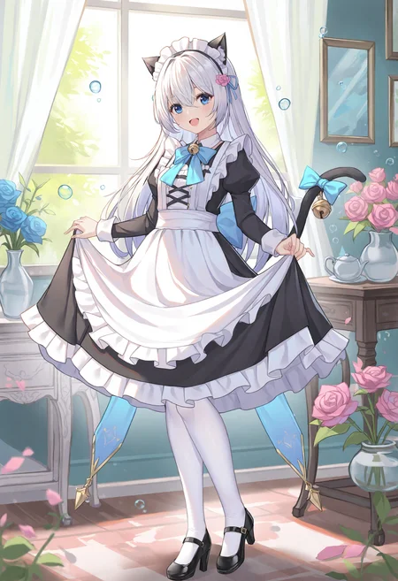 1girl, maid, animal ears, solo, cat ears, maid headdress, flower, black footwear, bell, tail, cat tail, long sleeves, duster, long hair, looking at viewer, dress, blue flower, apron, tail ornament, maid apron, smile, juliet sleeves, blue eyes, bow, rose, fish, holding, high heels, puffy sleeves, tail bell, hair between eyes, tail bow, indoors, open mouth, cat girl, full body, pink flower, frills, white hair, window, bubble, standing, black dress, pantyhose, jingle bell, white pantyhose, vase, :d, hair ornament, teapot, blue rose, frilled apron, shoes, blue bow, pink rose, skirt hold, white apron, purple flower,
masterpiece,best quality,newest,absurdres,highres,very awa,<lora:alguang1_noob1.1-000178:0.8>,