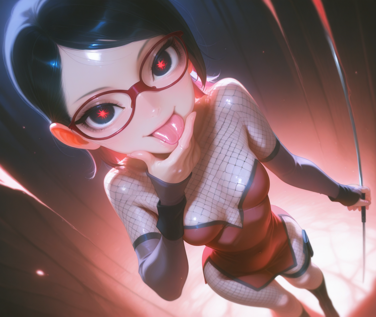 1girl, solo, uchiha sarada, medium breasts, wide hips, narrow waist, BREAK
,
,dress, perspective, dynamic angle,long eyelashes, thick eyelashes, fishnet stockings, fishnet body suit, large eyes, detailed eyes, licking, simple background, looking at viewer
,
masterpiece, best quality, very aesthetic, absurdres, Detailed face, (detailed background:1.1), <lora:Angelic Mix:0.8>