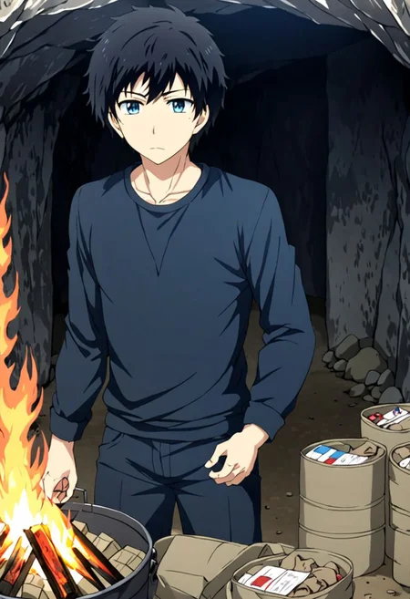 high resolution, solo, best quality, 1Boy, Arata Kaizaki, Black Hair, Blue Eyes, cave, bunker, field Ration, bonfire, OverallDetail