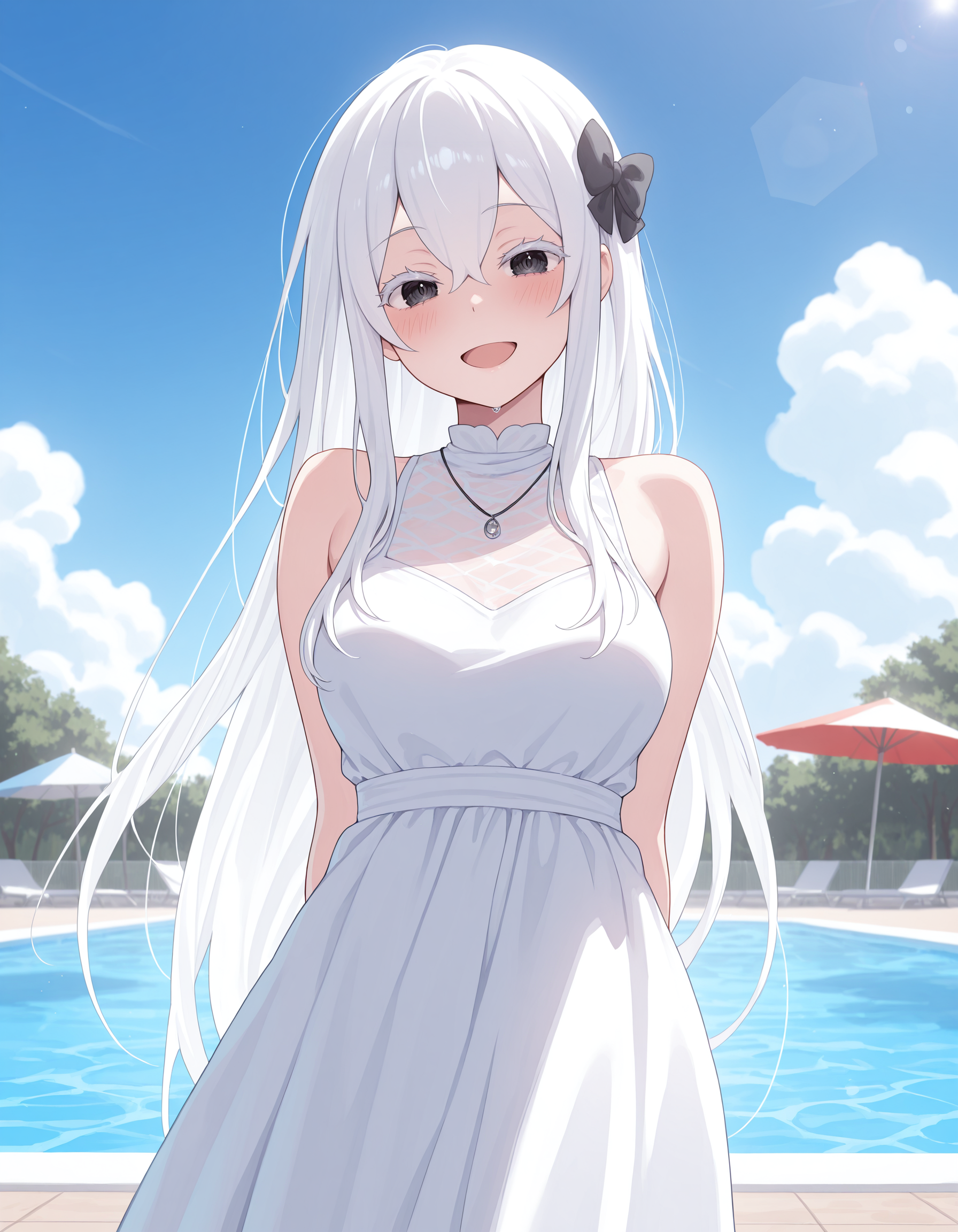 <lora:Echidna_1:1>1girl, solo, 
ech1dna, 1girl, white hair, white dress, outdoors, open mouth, necklace, beach umbrella, looking at viewer, smile, colored eyelashes, jewelry, breasts, day, blue sky, hair between eyes, long hair, pool, hair bow, arms behind back, sleeveless dress, black eyes, sidelocks, cloud, blush, water, bare shoulders, tree, :d, lens flare, masterpiece, best quality, amazing quality