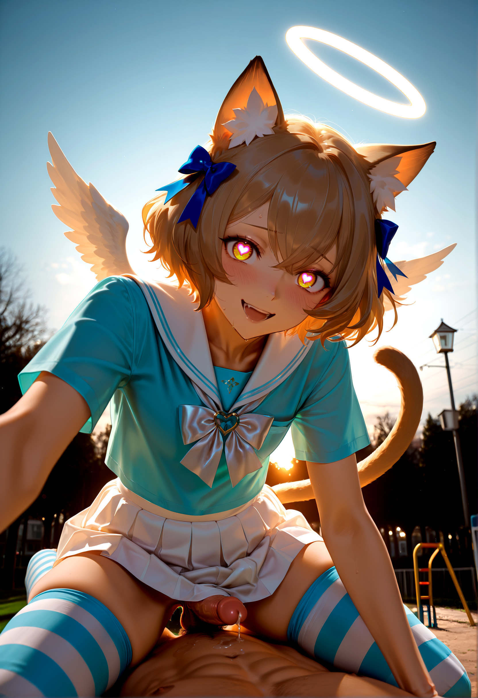 felix argyle, 2boys, cat ears, cat tail, flat chested, crossdressing, alternate costume, blue fingernails, halo, skindentation, heart-shaped pupils, striped thighhighs, blue stripes, white serafuku, white wings, mini wings, pleated skirt, angel wings, thigh strap,  white bowtie, white skirt, single bare shoulder, BREAK white bow, ribbon, blue shirt, heart o-ring, yandere sex, crazy smile, crazy eyes, yaoi, implied sex, implied anal, deep penetration, see-though silhouette, ambiguous fluids, erection under skirt, penis on stomach, balls, cowgirl position, leaning forward, bending over, outside, playground, park, BREAK
masterpiece, best quality, photo background, photography \(artwork\), photo \(medium\), detailed, detailed background, detailed clothing, detailed hair, wrinkles, skin folds, intricate, volumetric lighting, dramatic lighting, backlighting, very awa, very aesthetic, dynamic, fog, dark, overcast, BREAK