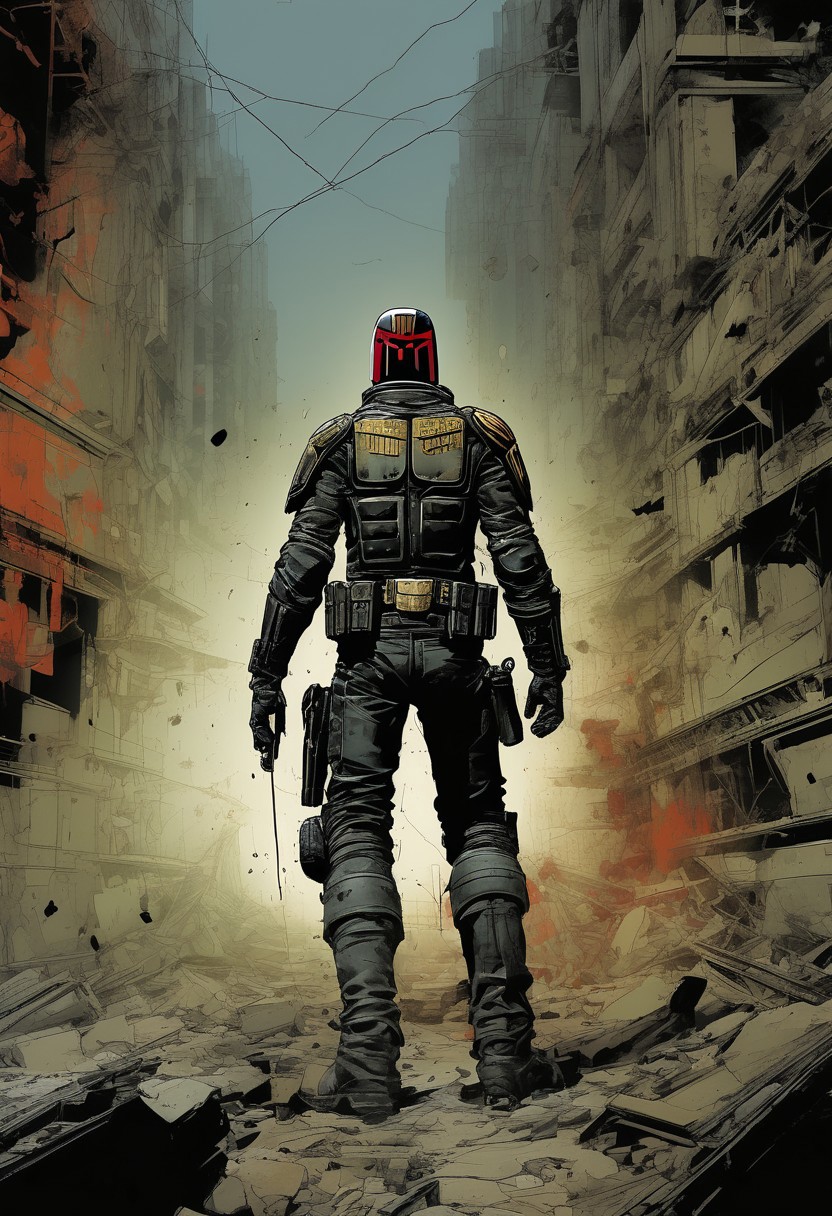 score_9, source_comic, (Part 1 above, Part 2 below) BOOK OF THE SIMON BISLEY, art station, BANDE DESSINÉE story transcription, full color. (Judge Dredd),vector
