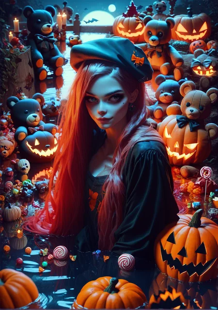 score_9, score_8_up, score_7_up, score_6_up, Dark beauty, teddy bear costum, candy, halloween, sweet look, long hair, sits on a pumpkin in water, teddy beret,
