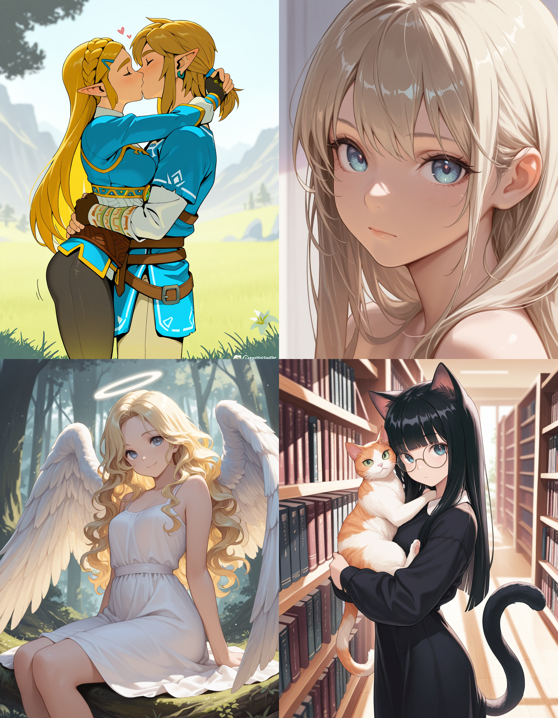 https://civitai.com/articles/8642 __ 1st image: masterpiece, best quality, 1girl, 1boy, princess zelda, the legend of zelda: breath of the wild, standing, kiss, hug, closed eyes, outdoors __ 2nd image: masterpiece, best quality, 1girl, face, portrait, looking at viewer, closed mouth __ 3rd image: masterpiece, best quality, 1girl, solo, blonde hair, wavy hair, angel, angel wings, halo, smile, sitting, forest, white dress __ 4th Image: masterpiece, best quality, 1girl, solo, long hair, black hair, blunt bangs, straight hair, round eyewear, cat girl, cat ears, cat tail, standing, hug, cat, looking at viewer, library