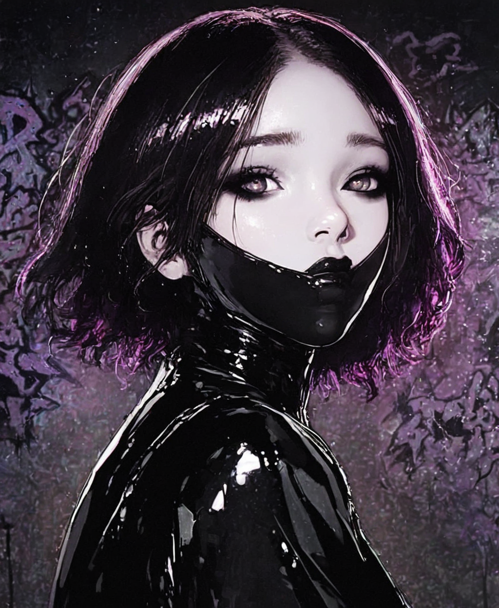 dark aesthetic,emotional,portrait,high detail,concept art,mystical,vibrant shadows,textured,1girl,latex suit,dark theme,graffiti wall backround,
 ,<lora:Dark_Fantasy_anime_noobai:1>,