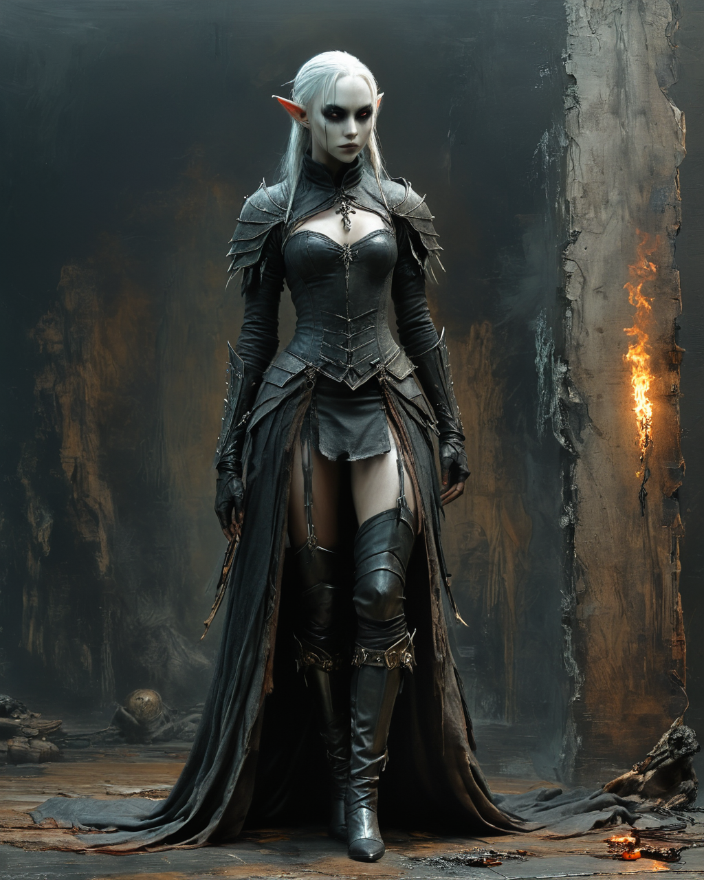 armed and armored drow elf casting a spell, full body shot viewed from the side  <lora:NicolaSamori:0.8> in the style of Nicola Samori, <lora:XSfenlie:1> fenliexl, <lora:xl_more_art-full_v1:0.7>, <lora:add-detail-xl:0.5>