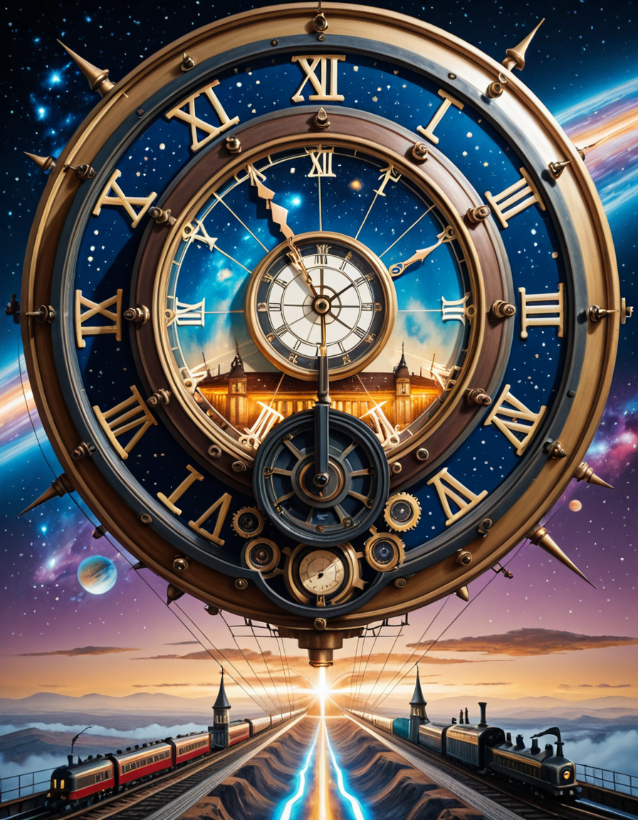 A surreal, steampunk-inspired painting of a fantastical train speeding through deep space, in the distinctive style of JarosÅaw Jasnikowski. The train is elongated, with exaggerated mechanical partsâgears, pistons, brass pipes, and rotating turbinesâinterwoven with intricate ornamentation and impossible engineering. The locomotive defies gravity, riding on luminous rails made of light and energy that twist and spiral into the cosmic void. Stars, nebulae, and strange planetary bodies fill the background, glowing in vibrant hues of violet, blue, and crimson. The train's engine emits streams of golden steam and electric sparks that blend into the surrounding stardust. Elements of surreal architectureâfloating domes, clock towers, and spiresâdrift alongside the train, evoking a dreamlike journey through a mechanical universe. The atmosphere is otherworldly, with dramatic lighting, long shadows, and rich, metallic textures. The entire composition has a dreamlike, metaphysical quality, with exaggerated perspective and impossible physics, capturing Jasnikowskiâs unique visual language.<lora:SDXLFaeTastic2400:0.4> <lora:extremely_detailed:0.4> extremely detailed,JarosÅaw J4sn1k0wsk1 <lora:JarosÅaw_J4sn1k0wsk1:1>, Masterpiece,best quality,hi res,8k,hi res,8k,award winning,(sharp focus, intricate, highly detailed),