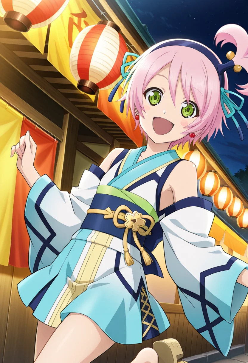 festival, night,
BREAK,
open smile, blush stickers, standing on one leg,
cowboy shot, dynamic angle,
looking at viewer,
BREAK,
<lora:kanonnoEX_illustriousXL_v01:0.9>
kanonnoERnd,
pink hair, short hair, green eyes, ponytail, hairband, bow hairband,
blue yukata, short yukata, short dress, detached sleeves, bare shoulders, gradient clothes, purple sash, yellow obijime,
geta,, source_anime, very aesthetic, anime coloring, masterpiece, 
best quality, amazing quality, ultra detailed, very aesthetic, 
detailed background, 
BREAK,