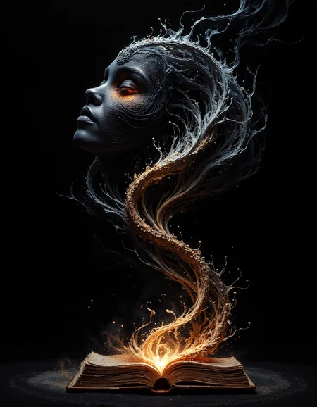 mysterious hidden face, silk veil singular intricately flowing light strands against a black background, swirling particles, glowing sand outline, abstract graphics, contours of epic eyes formed with burning ash dust, fantasy concept art, silhouette of a book