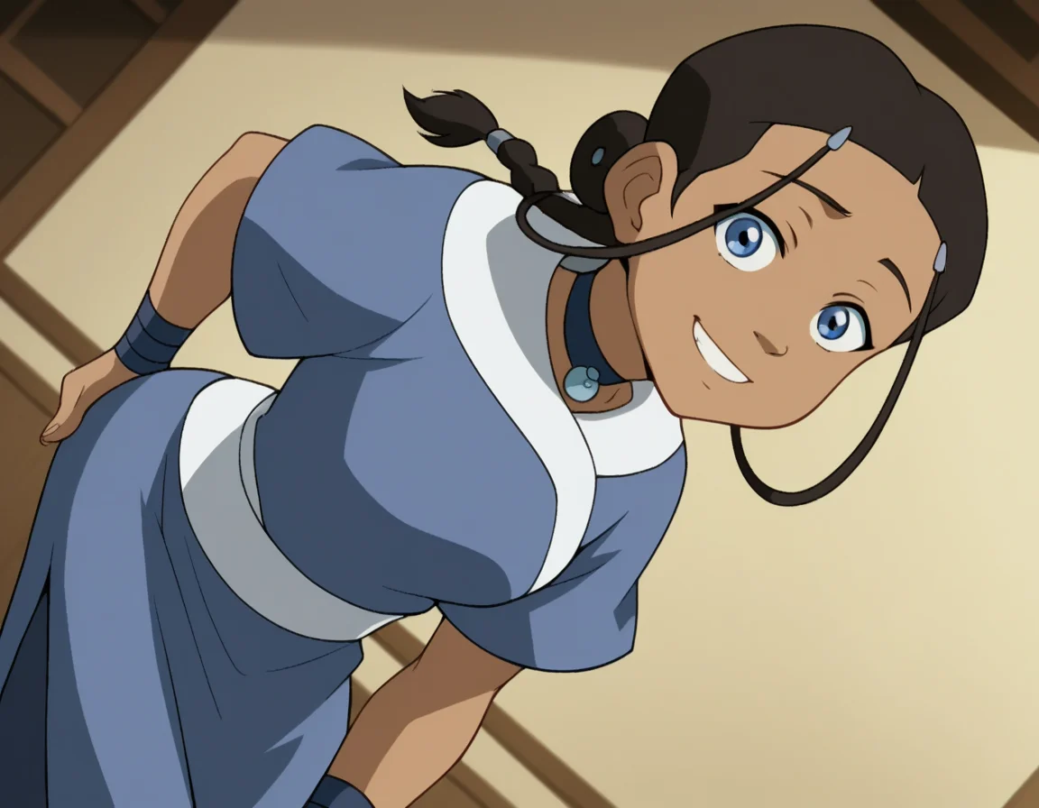 score_9, score_8_up, score_7_up, source_anime, <lora:katara-book2-ponyxl-lora-nochekaiser:1>, katara, long hair, blue eyes, brown hair, black hair, hair ornament, hairclip, braid, single braid, braided ponytail, dark skin, dark-skinned female, choker, short sleeves, robe, blue robe, sash,, indoors, bent over, smile, looking at viewer, solo, cowboy shot, dutch angle
