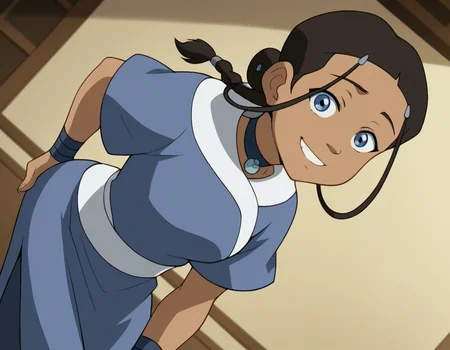score_9, score_8_up, score_7_up, source_anime, <lora:katara-book2-ponyxl-lora-nochekaiser:1>, katara, long hair, blue eyes, brown hair, black hair, hair ornament, hairclip, braid, single braid, braided ponytail, dark skin, dark-skinned female, choker, short sleeves, robe, blue robe, sash,, indoors, bent over, smile, looking at viewer, solo, cowboy shot, dutch angle