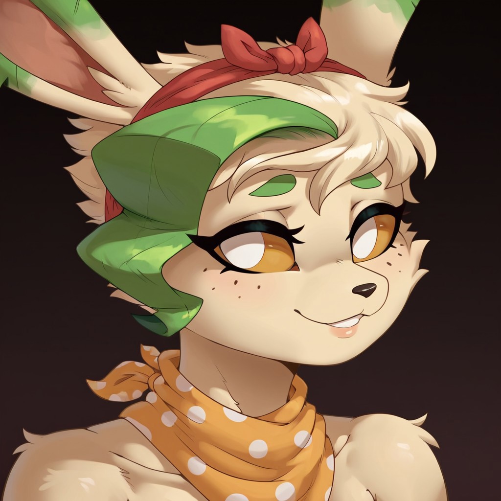 score_9, score_8_up, score_7_up, Expressiveh, masterpiece, best quality, highly detailed, realistic, (zPDXL3), 1girl, solo, (MalonG, furry, anthro, female canine, white eyes, amber sclera, black nose, green eyebrows, green hair strand, white hair, white body, short hair, freckles on face, red headband) ((face only, close-up, smile, closed mouth, teeth, happy, looking at viewer)), black background, simple background, uncensored, (((yellow neckerchief)))