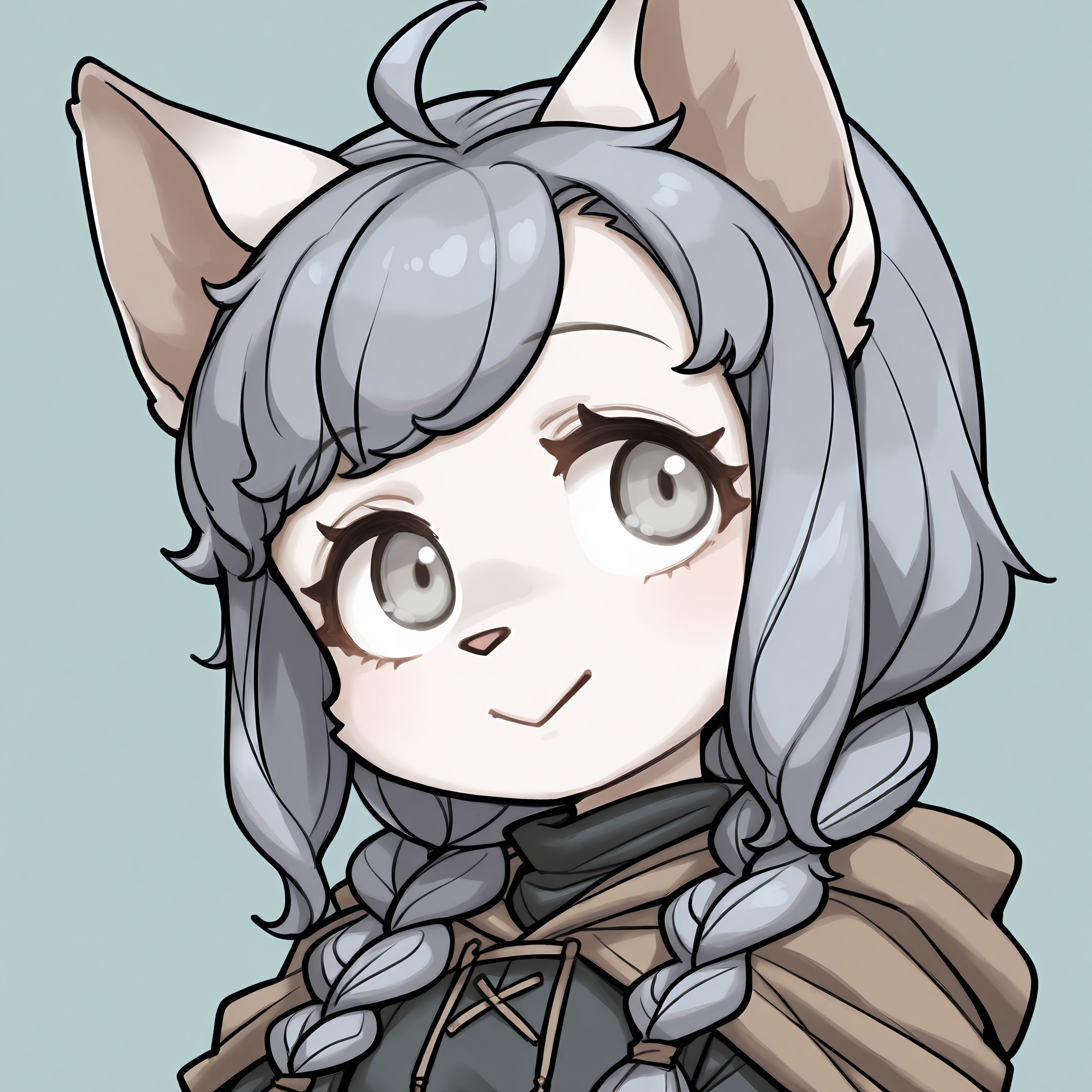 BREAK, <lora:Sheena_Falafel:1>, Sheena Falafel, Fuga: Melodies of Steel, kemono, furry female, young female, 1girl, cat girl, white fur, grey eyes, pastel blue hair, long hair, ahoge, bangs, sidelocks, animal ears, cat ears, animal nose, pink nose, Fuga 1 appearance, twin braids,
BREAK, Fuga 1 Outfit, black dress, brown cloak,
BREAK, solo, face focus, close-up, looking away, :>, head tilt, turquoise background
