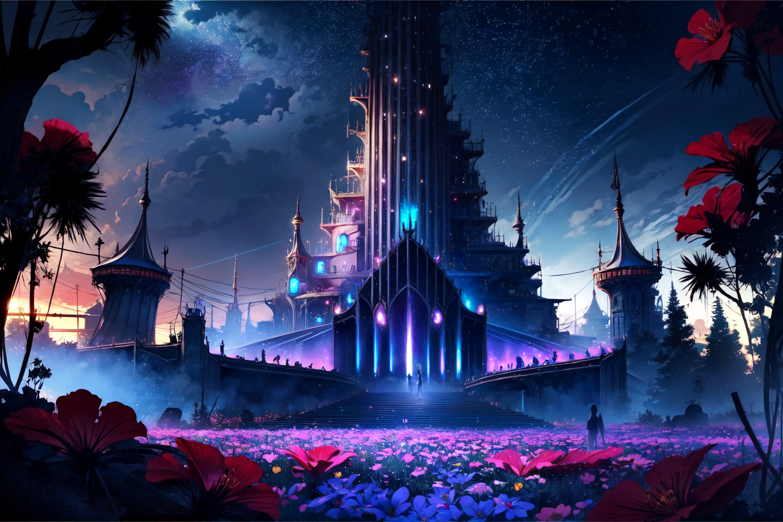 <lora:Evil:1>, ((evilrealm, DarkFantasy,))
BREAK soft light, cinematic lighting, detailed(shadow), detailed glow,
BREAK <lora:add_detail:0.45>, extremely detailed, CG, finely detailed, (masterpiece, best quality):2.0, ((photorealistic:1.15)),
((outdoors, night, starry sky, clear sky, starry star, fantasy, modern city, clean city, clear view , wide view, trees, flowers)),