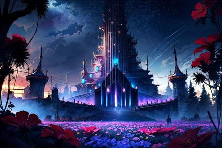 <lora:Evil:1>, ((evilrealm, DarkFantasy,))
BREAK soft light, cinematic lighting, detailed(shadow), detailed glow,
BREAK <lora:add_detail:0.45>, extremely detailed, CG, finely detailed, (masterpiece, best quality):2.0, ((photorealistic:1.15)),
((outdoors, night, starry sky, clear sky, starry star, fantasy, modern city, clean city, clear view , wide view, trees, flowers)),