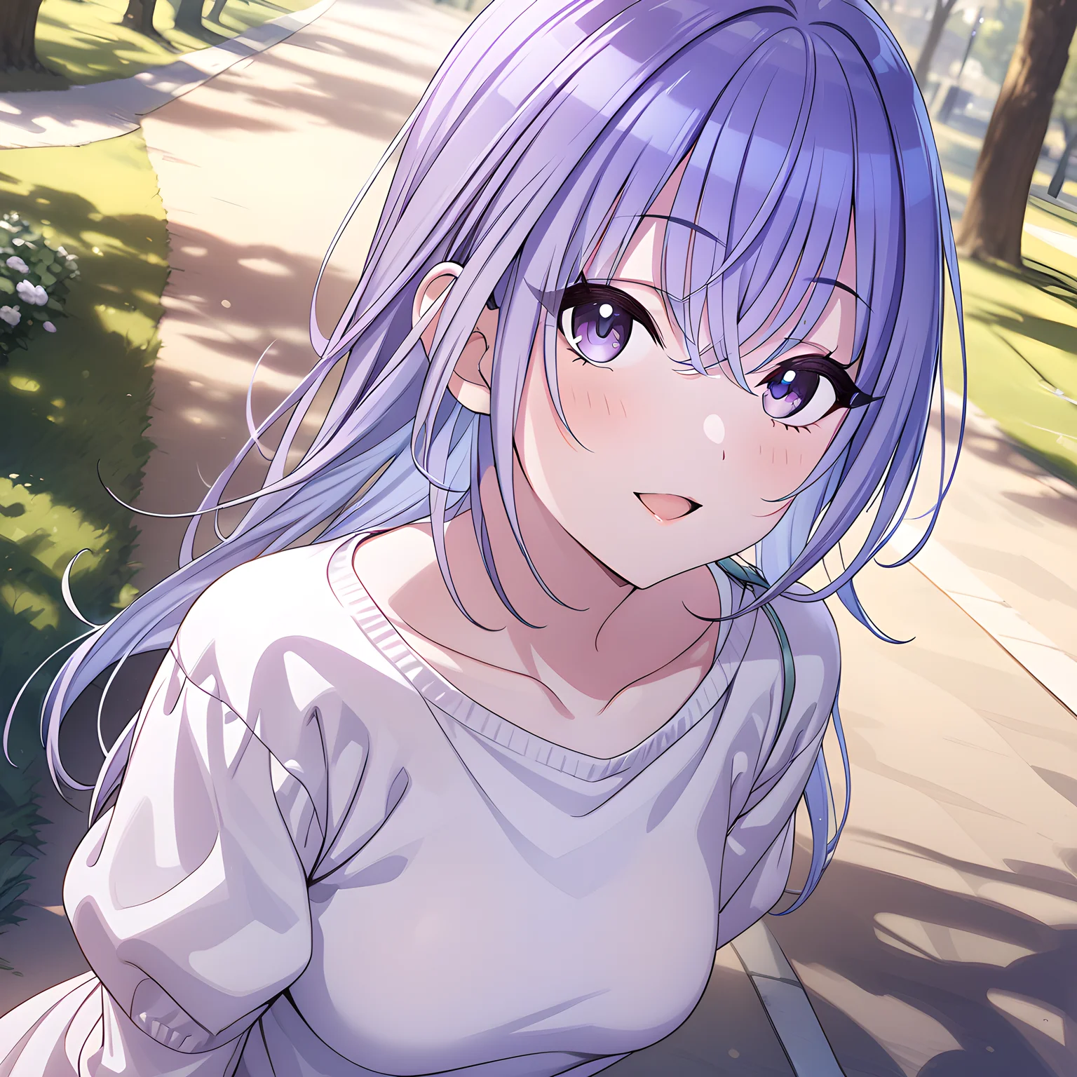 (masterpiece),(best quality),(ultra-detailed),(best illustration),(best shadow),(absurdres),(detailed background),(very aesthetic), 1girl, solo, hana suzuki, casualoutfit, upper body,park background, seductive smile, open mouth, blush, medium breasts, portrait, looking at viewer, open mouth, sweater, t-shirt, thighhighs, white legwears, purple hair, purple eyes, <lora:Hana_Suzukié´æ¨ç¾½é£_-_ã¢ã¤ãã«ãã¹ã¿ã¼_ã·ã£ã¤ãã¼ã«ã©ã¼ãº_SDXL_Animagine_XL_3.1:1>