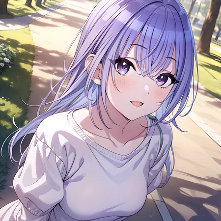 (masterpiece),(best quality),(ultra-detailed),(best illustration),(best shadow),(absurdres),(detailed background),(very aesthetic), 1girl, solo, hana suzuki, casualoutfit, upper body,park background, seductive smile, open mouth, blush, medium breasts, portrait, looking at viewer, open mouth, sweater, t-shirt, thighhighs, white legwears, purple hair, purple eyes, <lora:Hana_Suzukié´æ¨ç¾½é£_-_ã¢ã¤ãã«ãã¹ã¿ã¼_ã·ã£ã¤ãã¼ã«ã©ã¼ãº_SDXL_Animagine_XL_3.1:1>